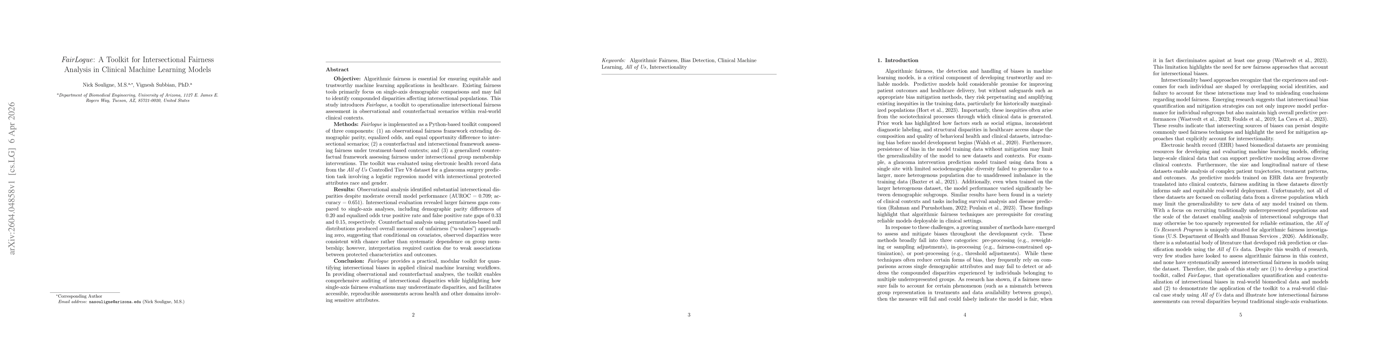 Thumbnail for FairLogue: A Toolkit for Intersectional Fairness Analysis in Clinical Machine Learning Models