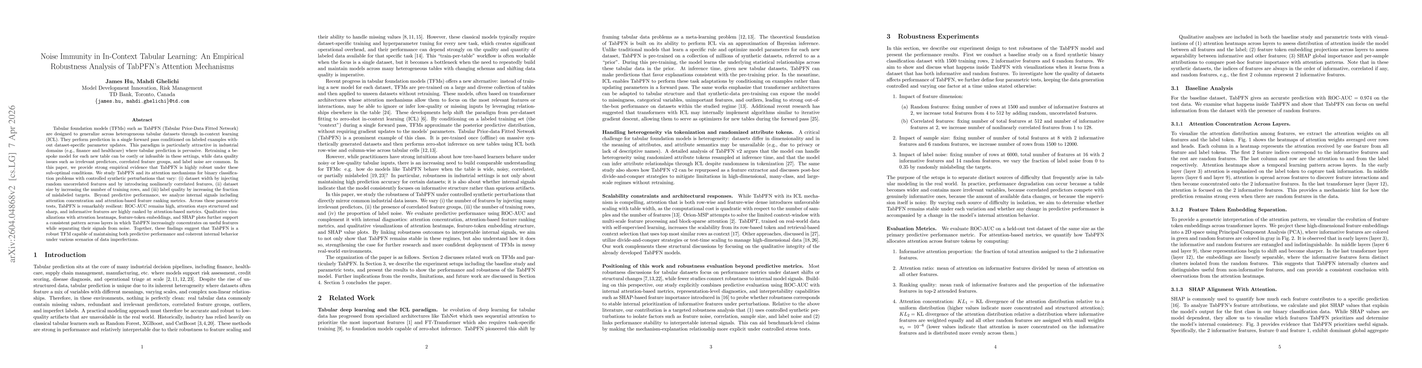 Thumbnail for Noise Immunity in In-Context Tabular Learning: An Empirical Robustness Analysis of TabPFN's Attention Mechanisms