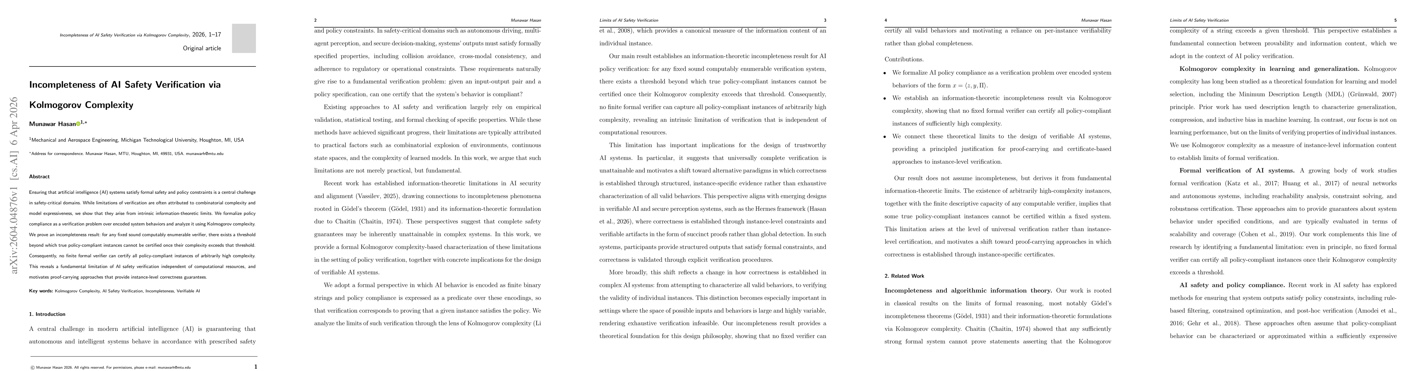Thumbnail for Incompleteness of AI Safety Verification via Kolmogorov Complexity