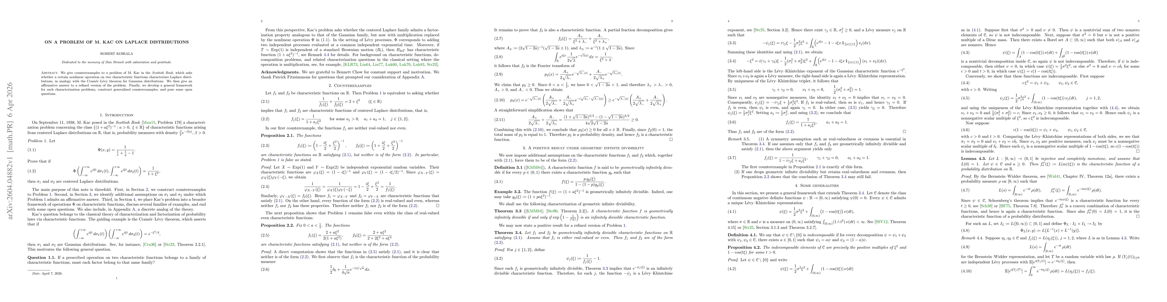 Thumbnail for On a Problem of M. Kac on Laplace Distributions