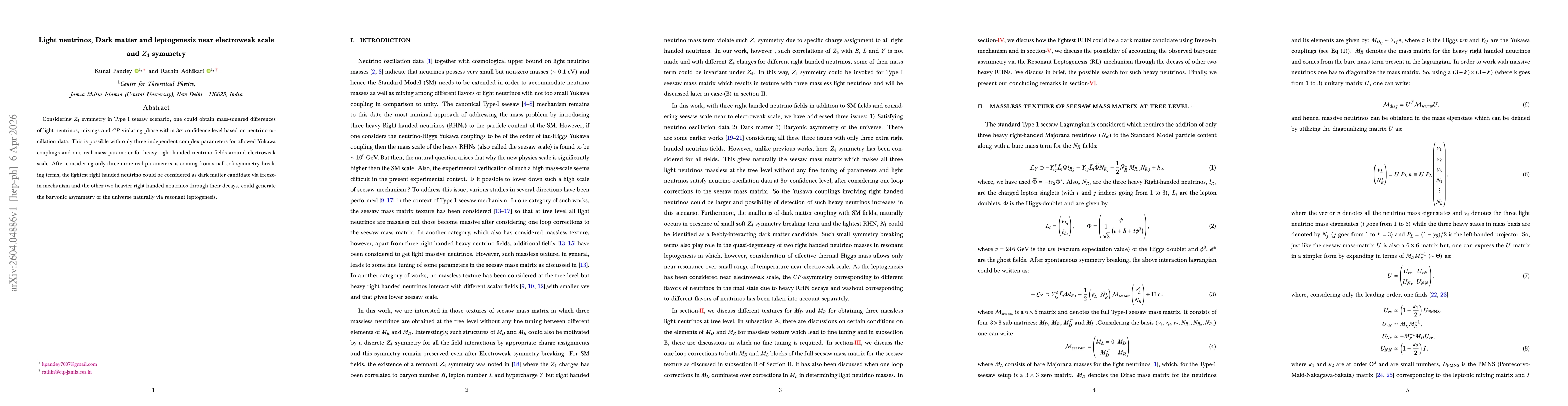 Thumbnail for Light neutrinos, Dark matter and leptogenesis near electroweak scale and $Z_4$ symmetry