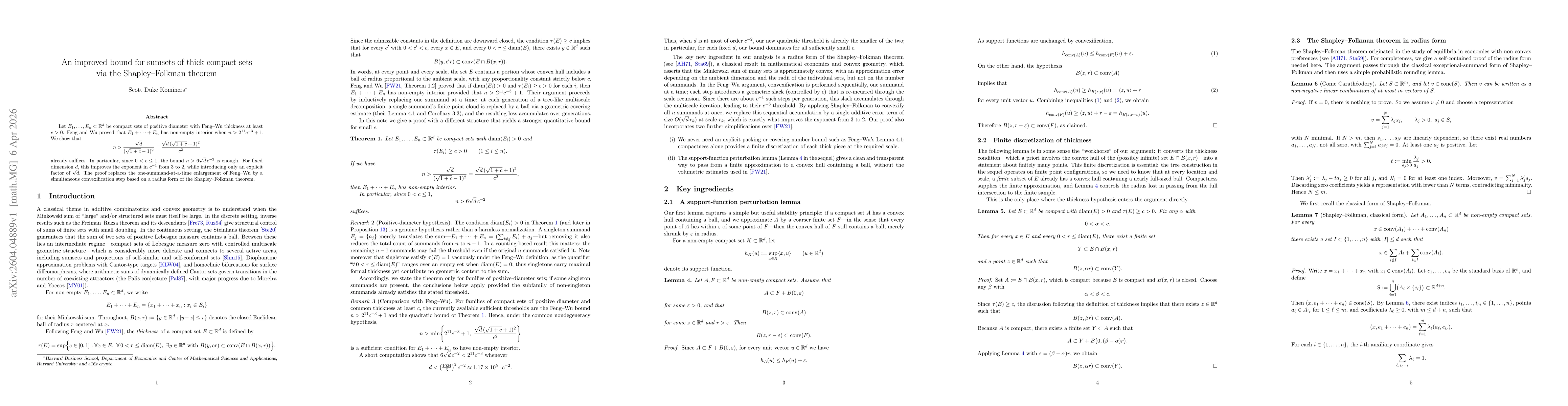 Thumbnail for An improved bound for sumsets of thick compact sets via the Shapley--Folkman theorem