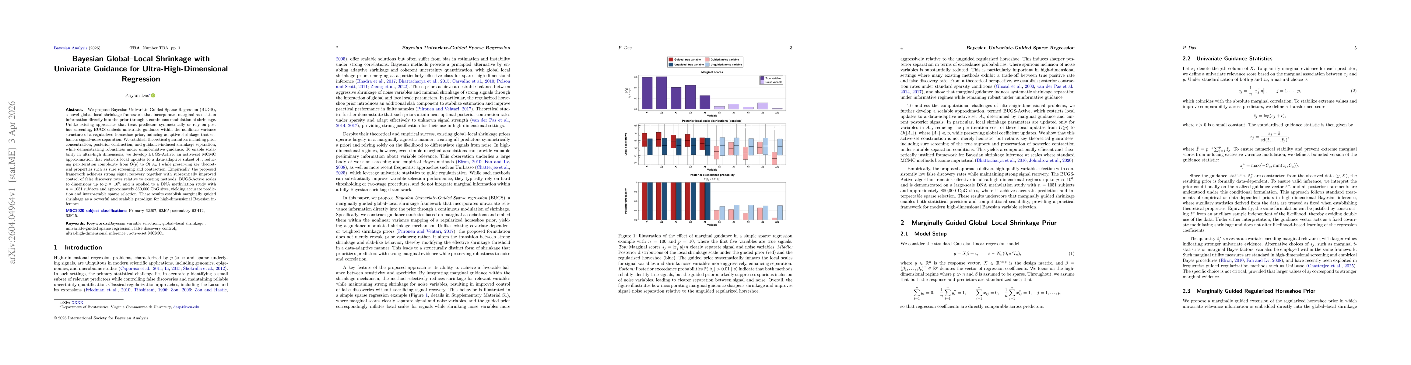 Thumbnail for Bayesian Global-Local Shrinkage with Univariate Guidance for Ultra-High-Dimensional Regression