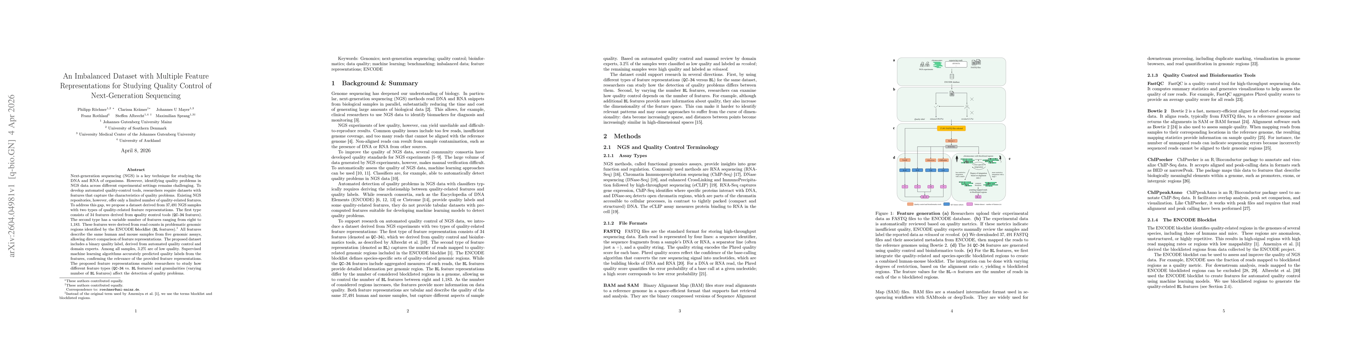 Thumbnail for An Imbalanced Dataset with Multiple Feature Representations for Studying Quality Control of Next-Generation Sequencing