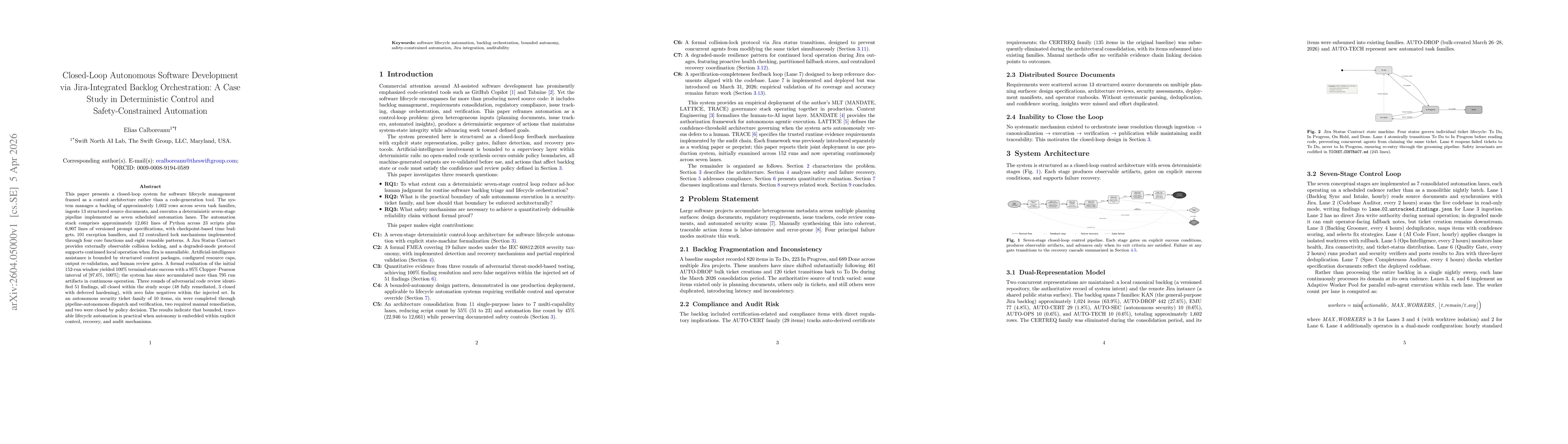 Thumbnail for Closed-Loop Autonomous Software Development via Jira-Integrated Backlog Orchestration: A Case Study in Deterministic Control and Safety-Constrained Automation