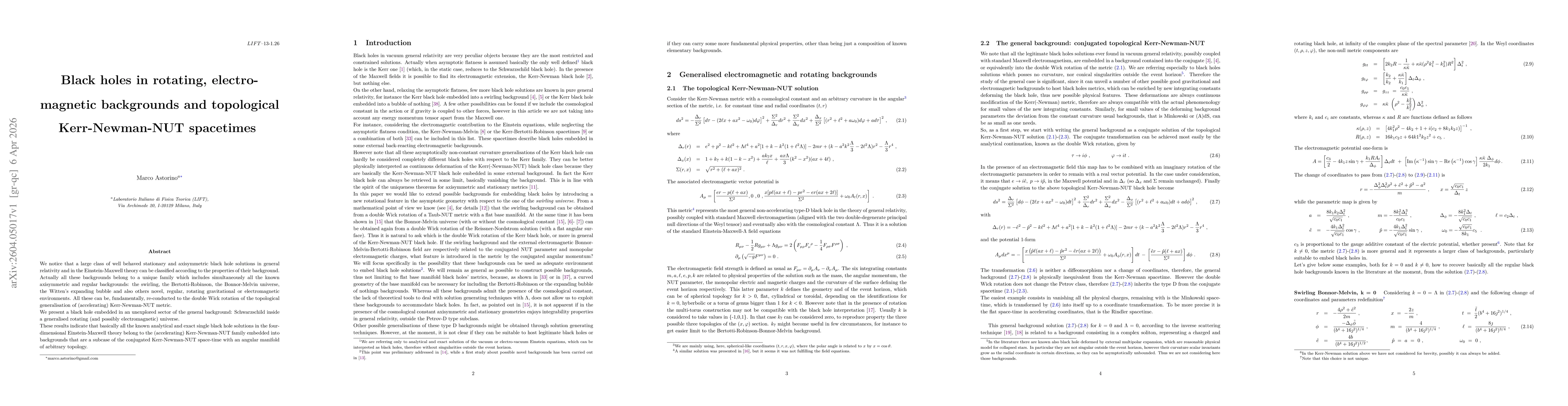 Thumbnail for Black holes in rotating, electromagnetic backgrounds and topological Kerr-Newman-NUT spacetimes