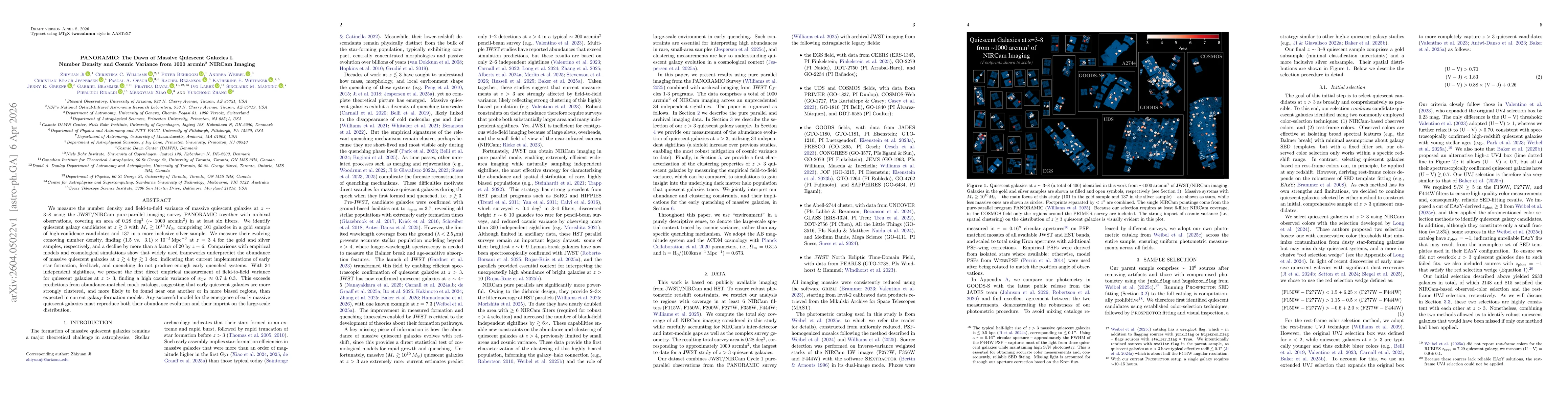 Thumbnail for PANORAMIC: The Dawn of Massive Quiescent Galaxies I. Number Density and Cosmic Variance from 1000 arcmin$^2$ NIRCam Imaging