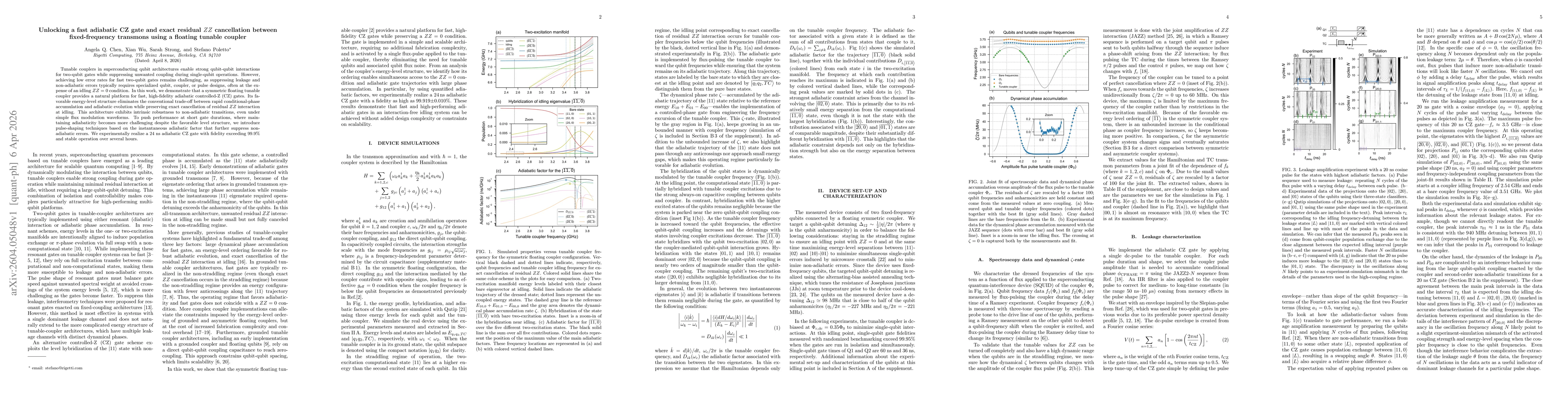 Thumbnail for Unlocking a fast adiabatic CZ gate and exact residual $ZZ$ cancellation between fixed-frequency transmons using a floating tunable coupler