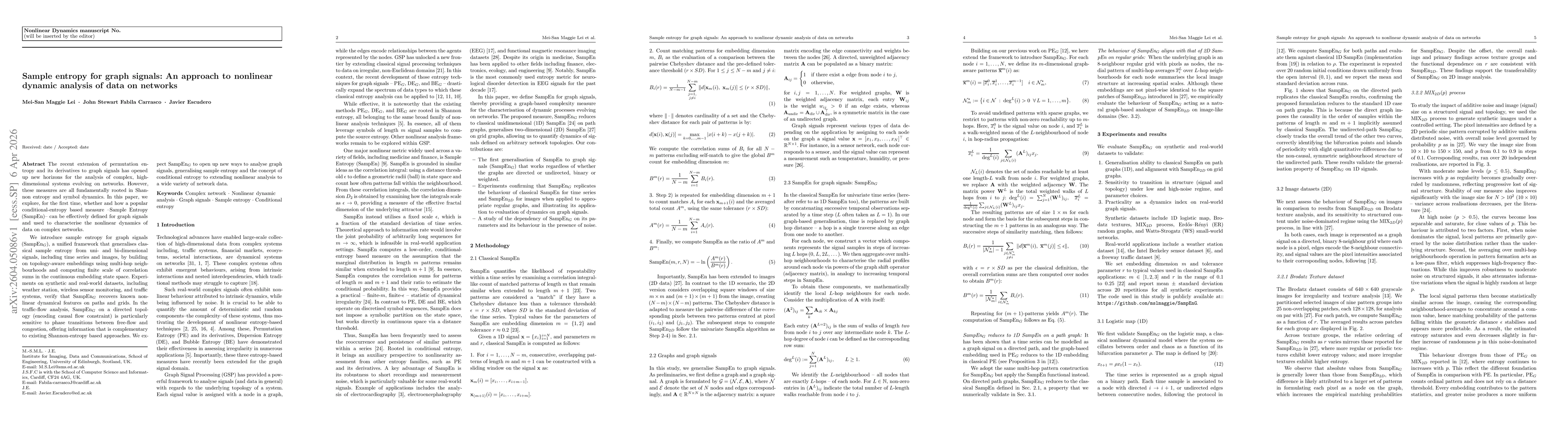 Thumbnail for Sample entropy for graph signals: An approach to nonlinear dynamic analysis of data on networks