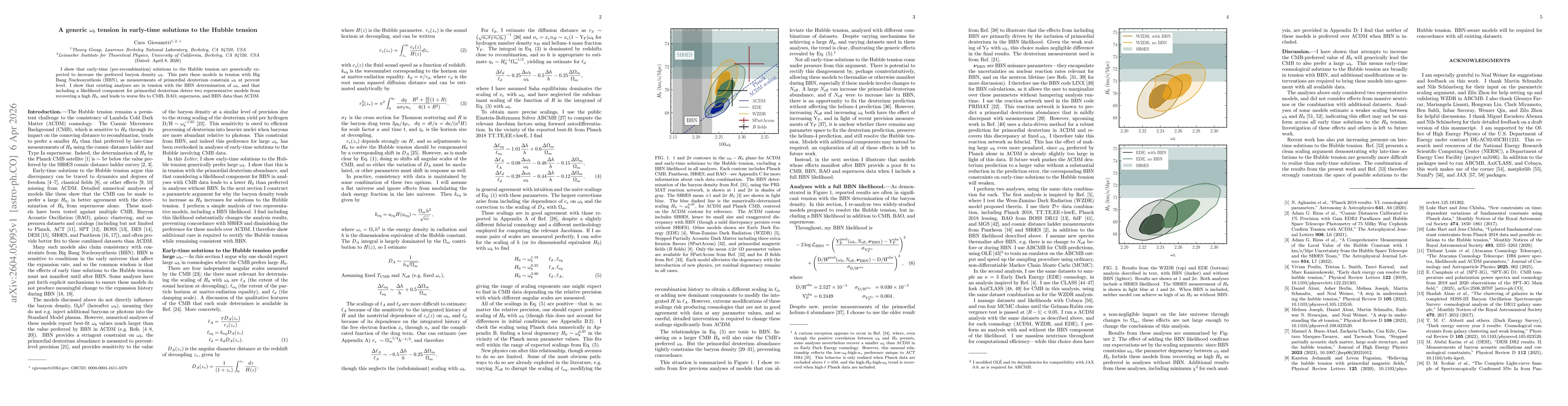Thumbnail for A generic $ω_b$ tension in early-time solutions to the Hubble tension