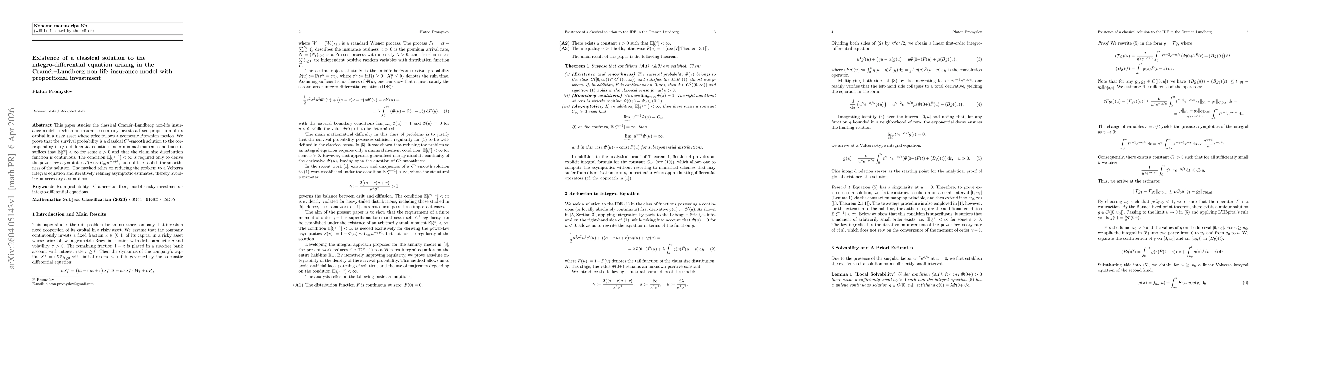 Thumbnail for Existence of a classical solution to the integro-differential equation arising in the Cramér--Lundberg non-life insurance model with proportional investment