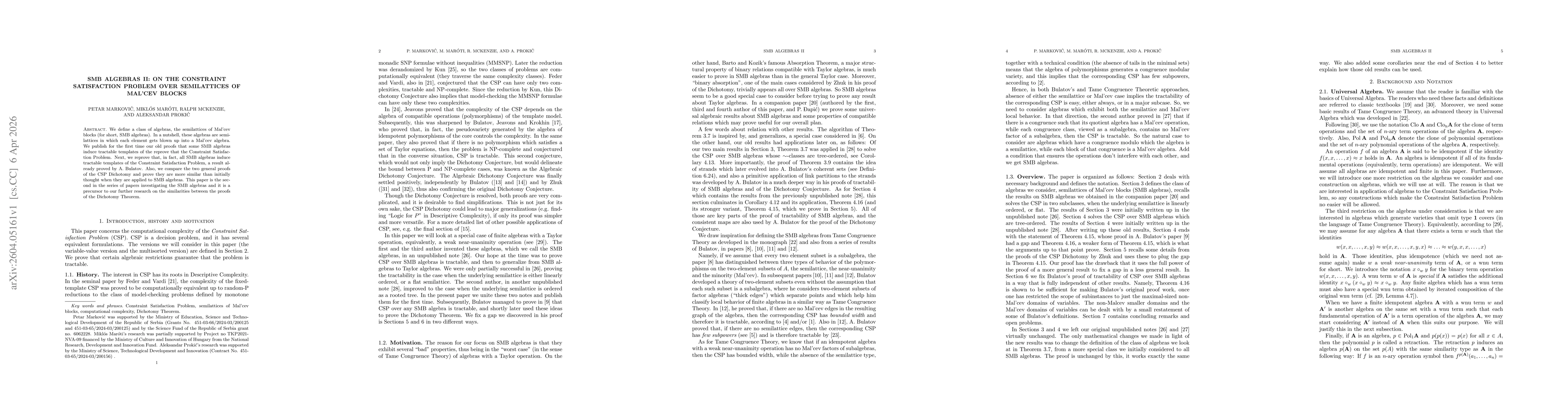 Thumbnail for SMB algebras II: On the Constraint Satisfaction Problem over Semilattices of Mal'cev Blocks