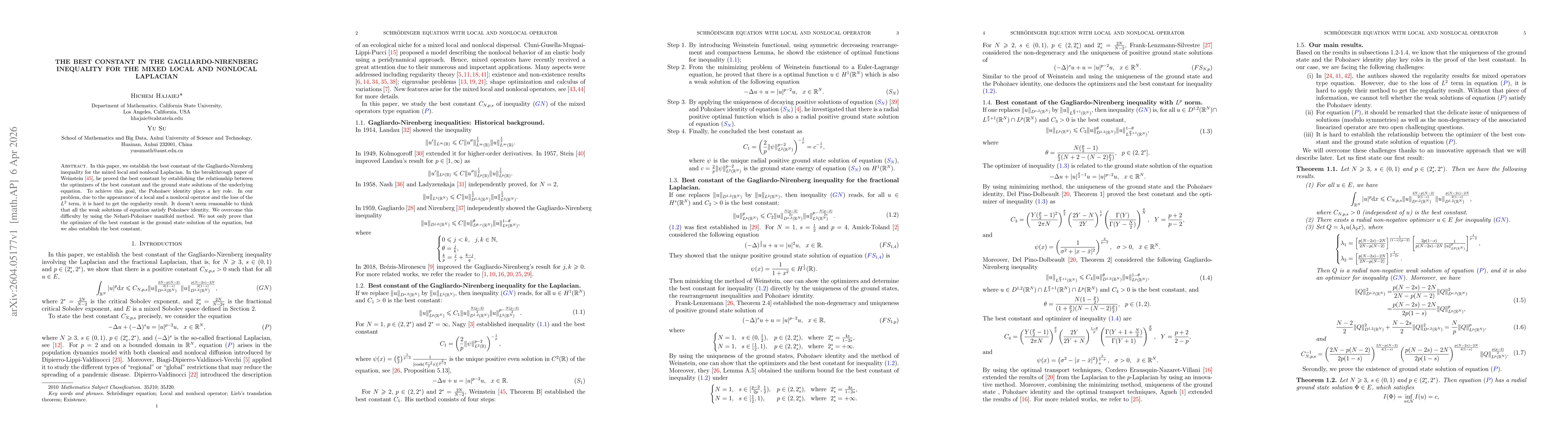 Thumbnail for The best constant in the G-N inequality for the mixed local and Nonlocal Laplacian