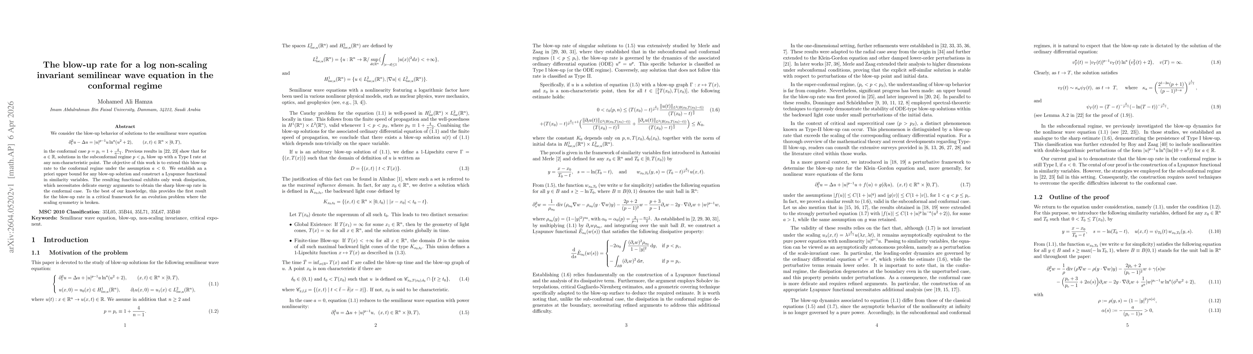 Thumbnail for The blow-up rate for a log non-scaling invariant semilinear wave equation in the conformal regime