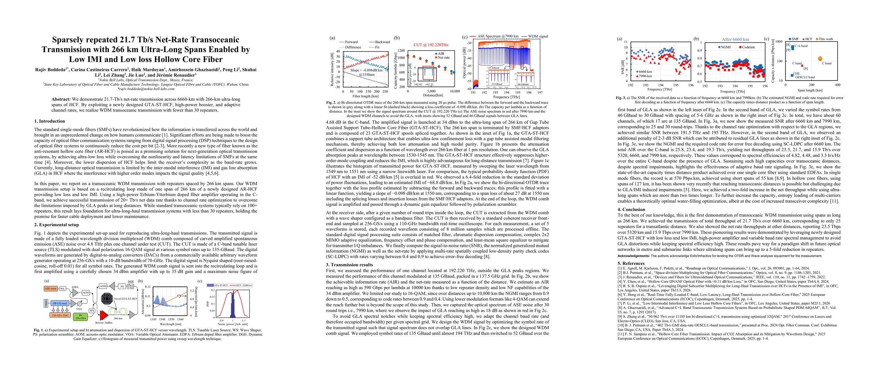 Thumbnail for Sparsely repeated 21.7 Tb/s Net-Rate Transoceanic Transmission with 266 km Ultra-Long Spans Enabled by Low IMI and Low loss Hollow Core Fiber