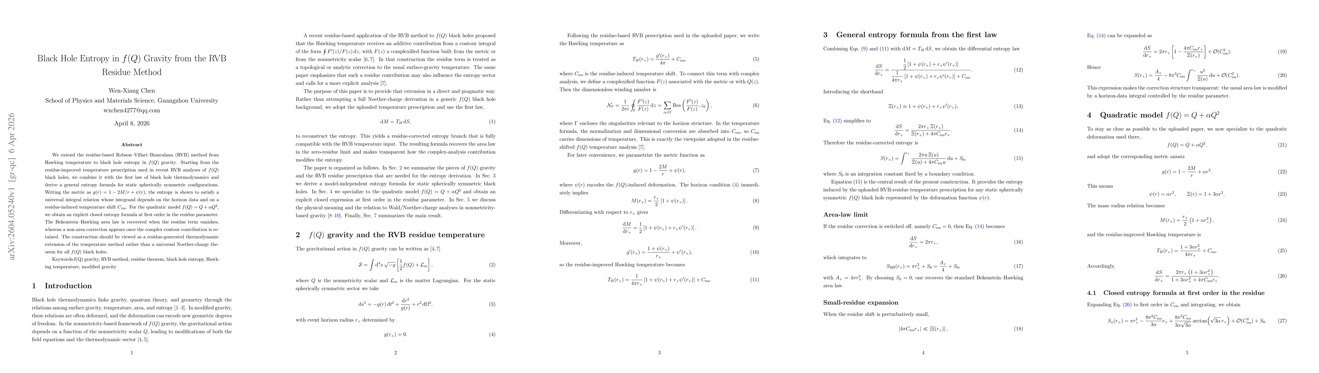 Thumbnail for Black Hole Entropy in f(Q) Gravity from the RVB Residue Method