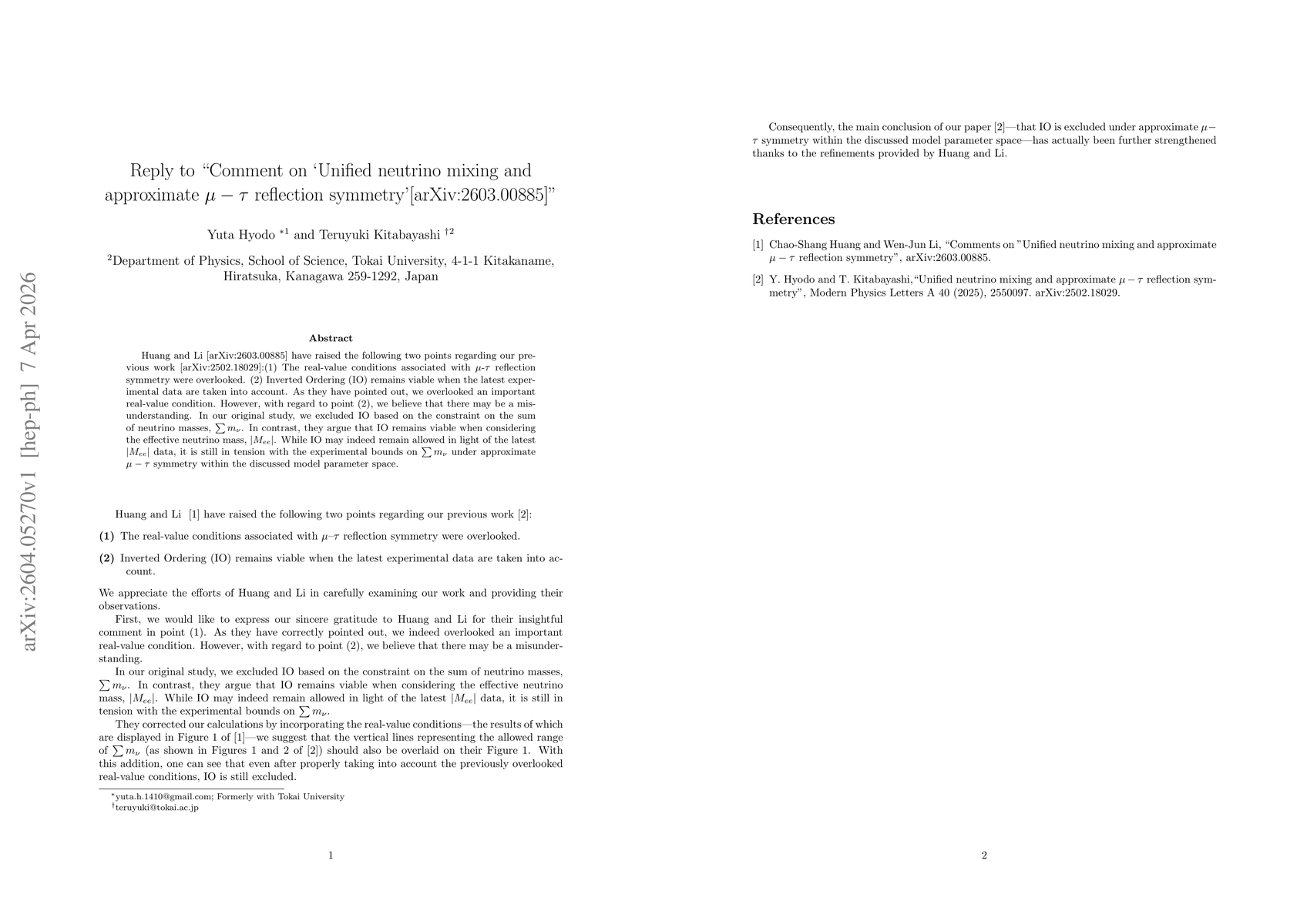 Thumbnail for Reply to "Comment on `Unified neutrino mixing and approximate $μ-τ$ reflection symmetry'[arXiv:2603.00885]''