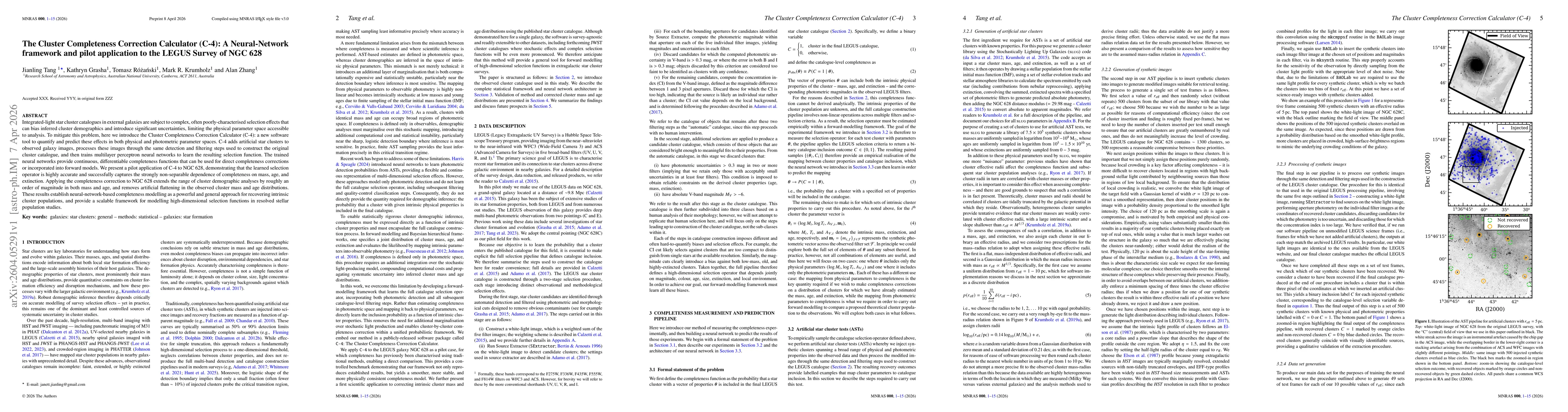 Thumbnail for The Cluster Completeness Correction Calculator (C-4): A Neural-Network framework and pilot application to the LEGUS Survey of NGC 628