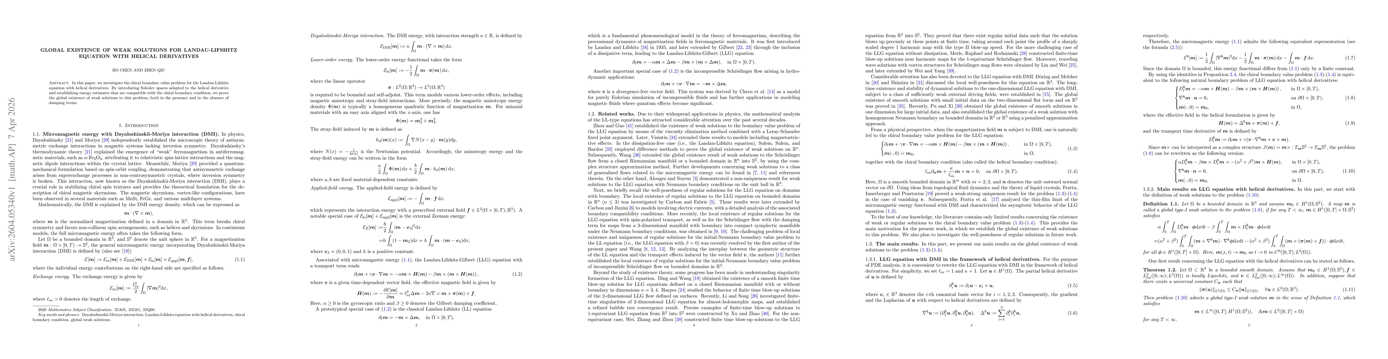 Thumbnail for Global existence of weak solutions for Landau-Lifshitz equation with helical derivatives