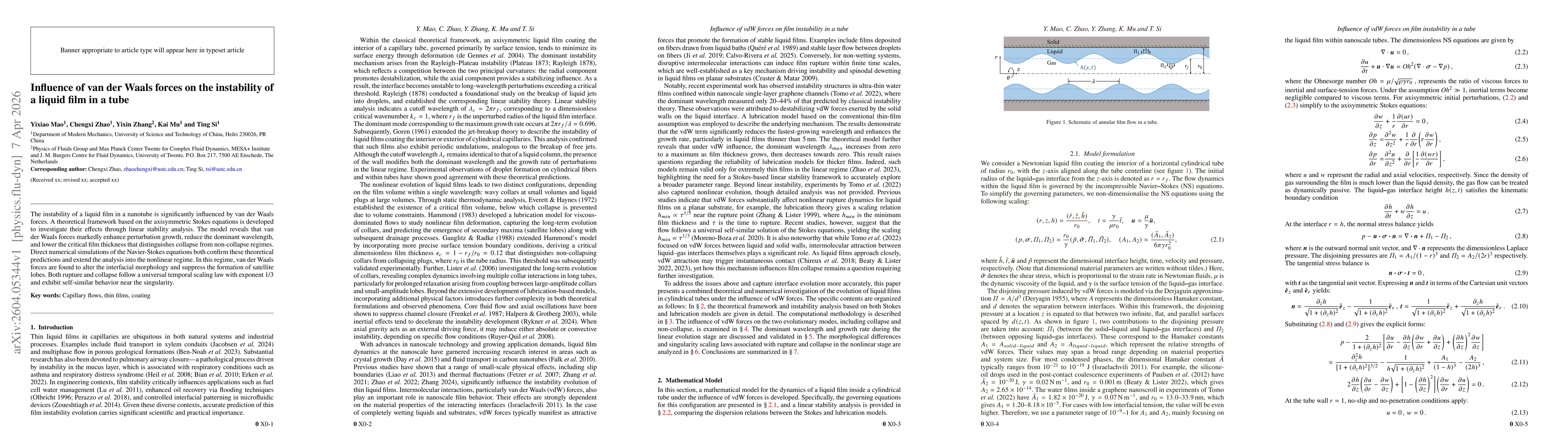 Thumbnail for Influence of van der Waals forces on the instability of a liquid film in a tube