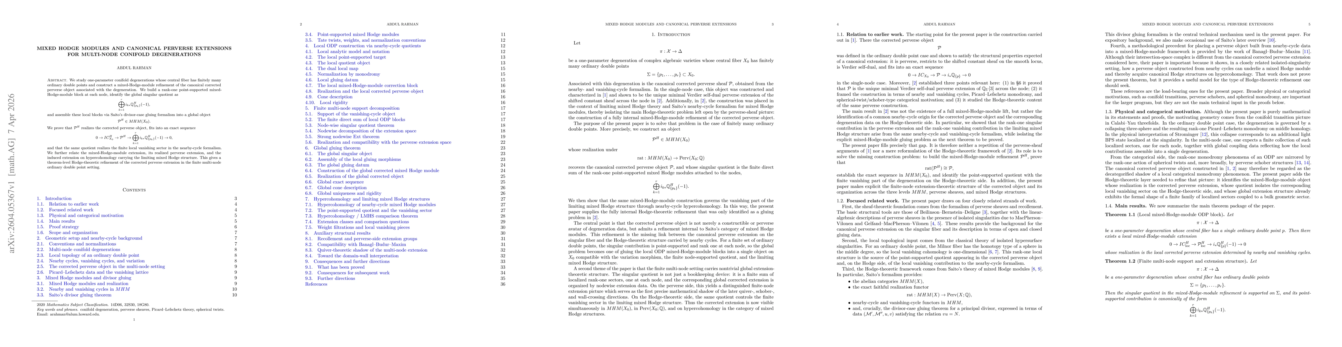 Thumbnail for Mixed Hodge Modules and Canonical Perverse Extensions for Multi-Node Conifold Degenerations