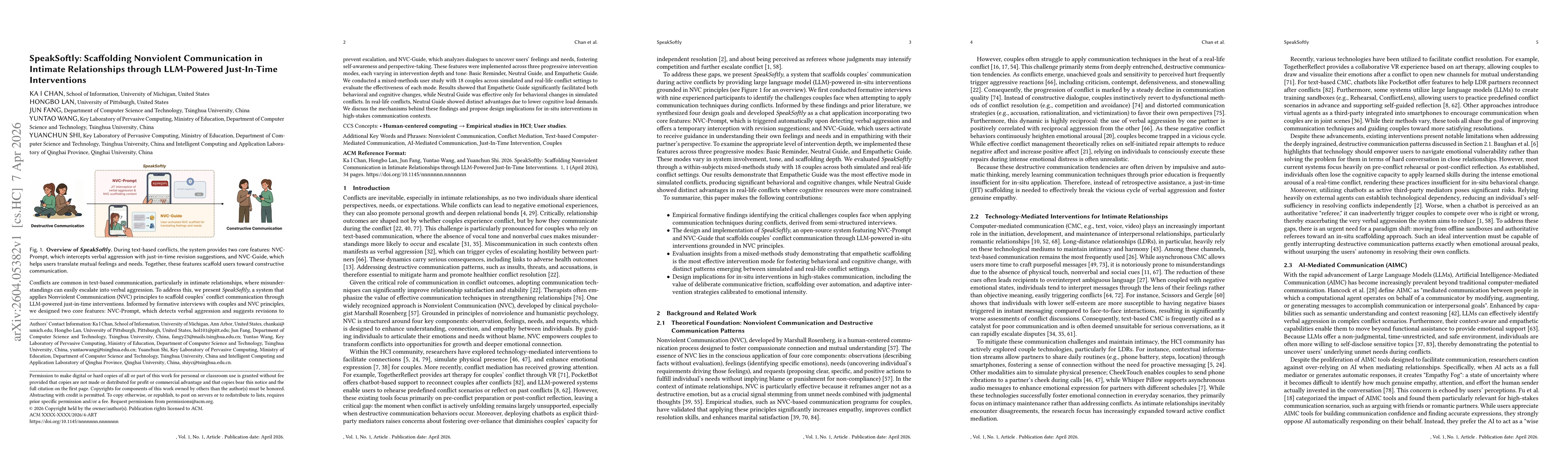 Thumbnail for SpeakSoftly: Scaffolding Nonviolent Communication in Intimate Relationships through LLM-Powered Just-In-Time Interventions