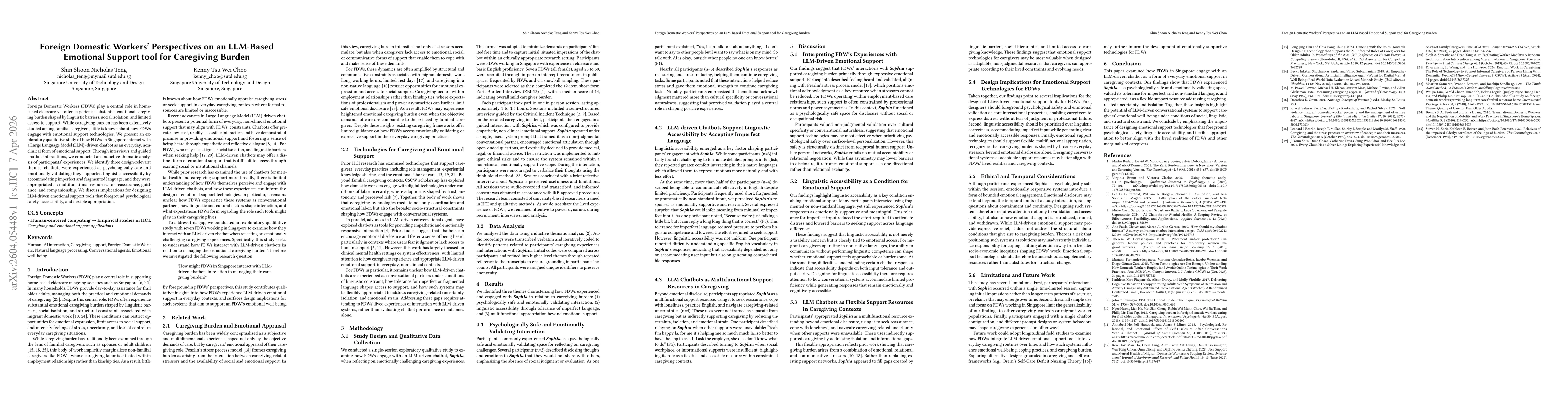 Thumbnail for Foreign Domestic Workers' Perspectives on an LLM-Based Emotional Support tool for Caregiving Burden