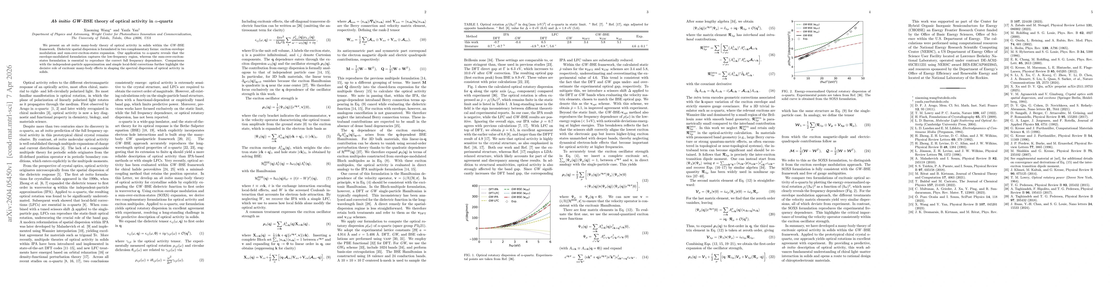 Thumbnail for \textit{Ab initio} \textit{GW}-BSE theory of optical activity in $α$-quartz