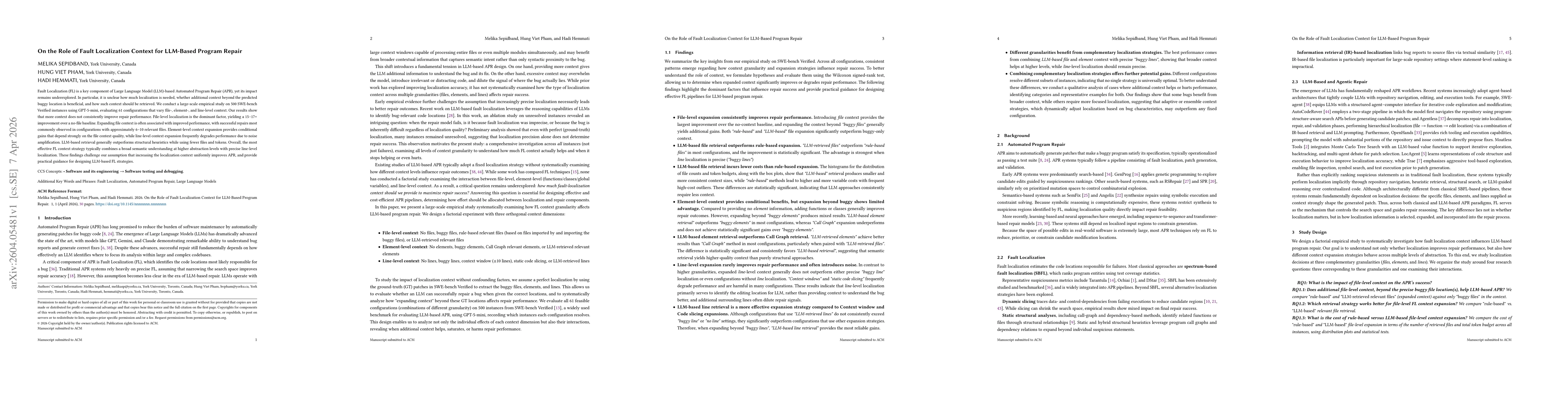 Thumbnail for On the Role of Fault Localization Context for LLM-Based Program Repair