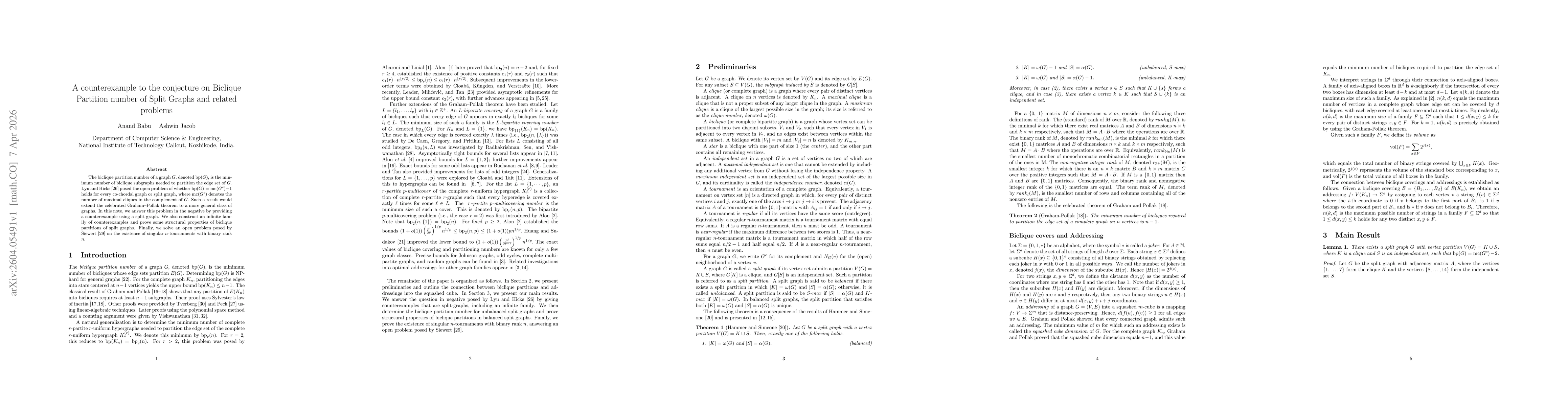 Thumbnail for A counterexample to the conjecture on Biclique Partition number of Split Graphs and related problems