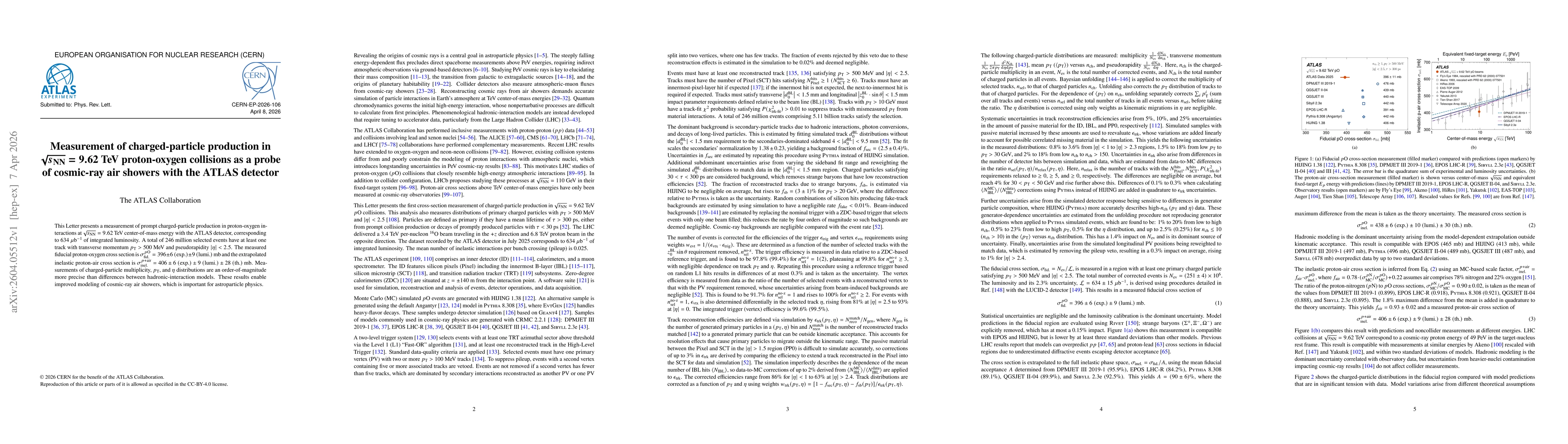 Thumbnail for Measurement of charged-particle production in $\sqrt{s_\text{NN}}=9.62$ TeV proton-oxygen collisions as a probe of cosmic-ray air showers with the ATLAS detector