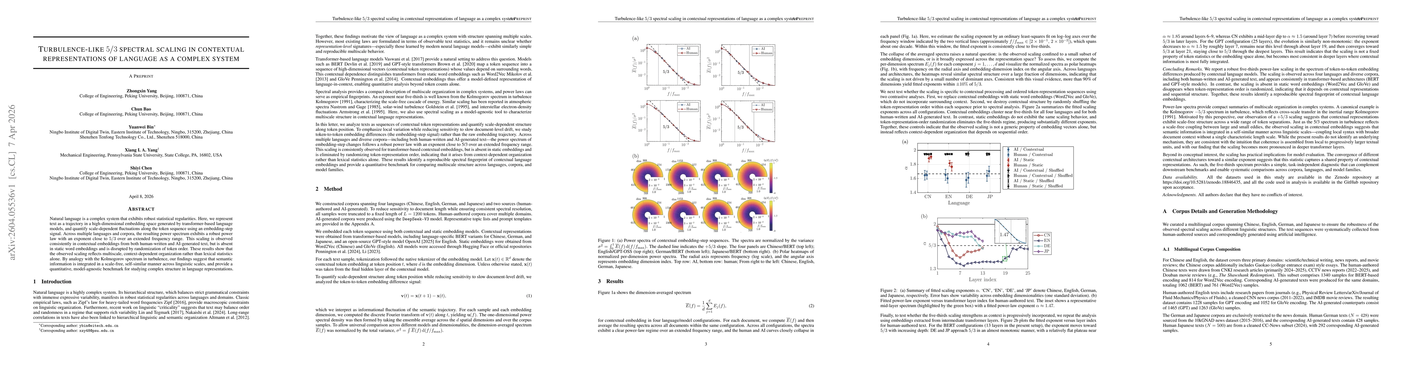 Thumbnail for Turbulence-like 5/3 spectral scaling in contextual representations of language as a complex system