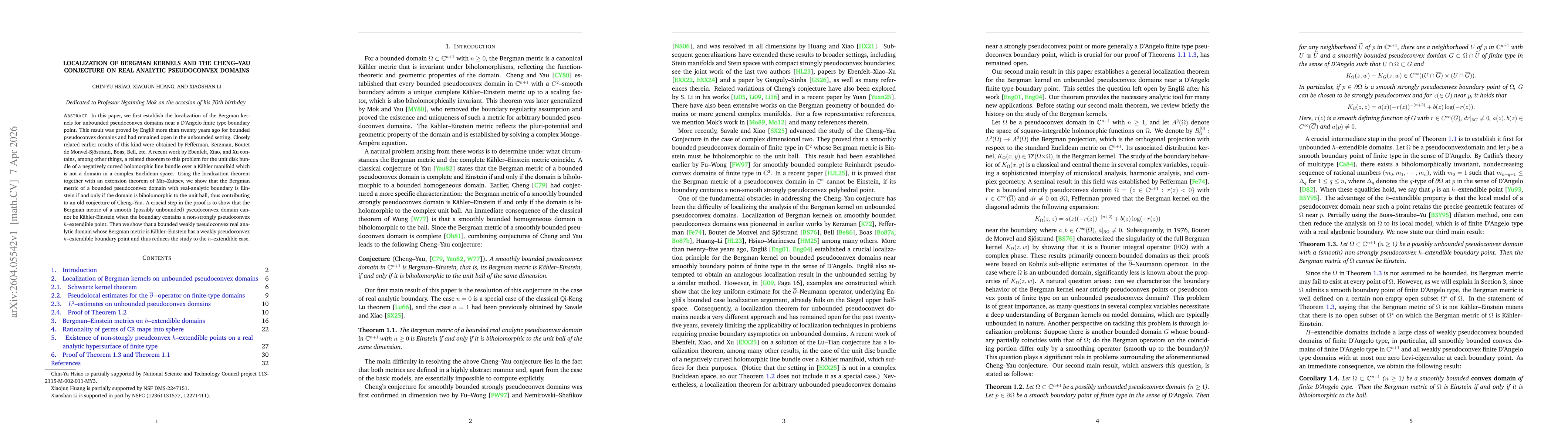 Thumbnail for Localization of Bergman Kernels and the Cheng-Yau Conjecture on Real Analytic Pseudoconvex Domains