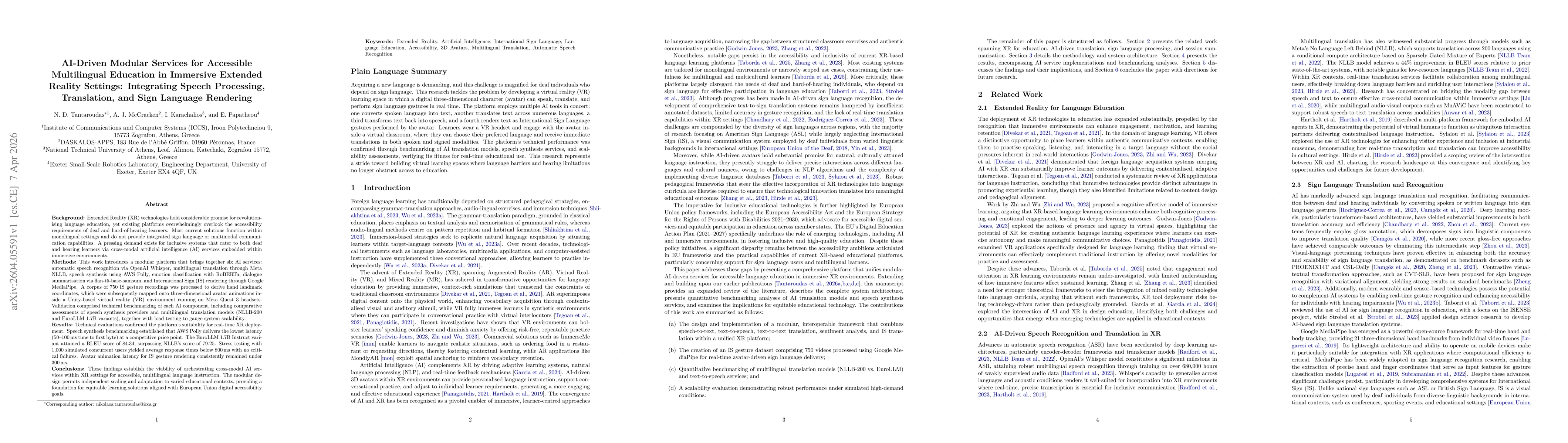 Thumbnail for AI-Driven Modular Services for Accessible Multilingual Education in Immersive Extended Reality Settings: Integrating Speech Processing, Translation, and Sign Language Rendering