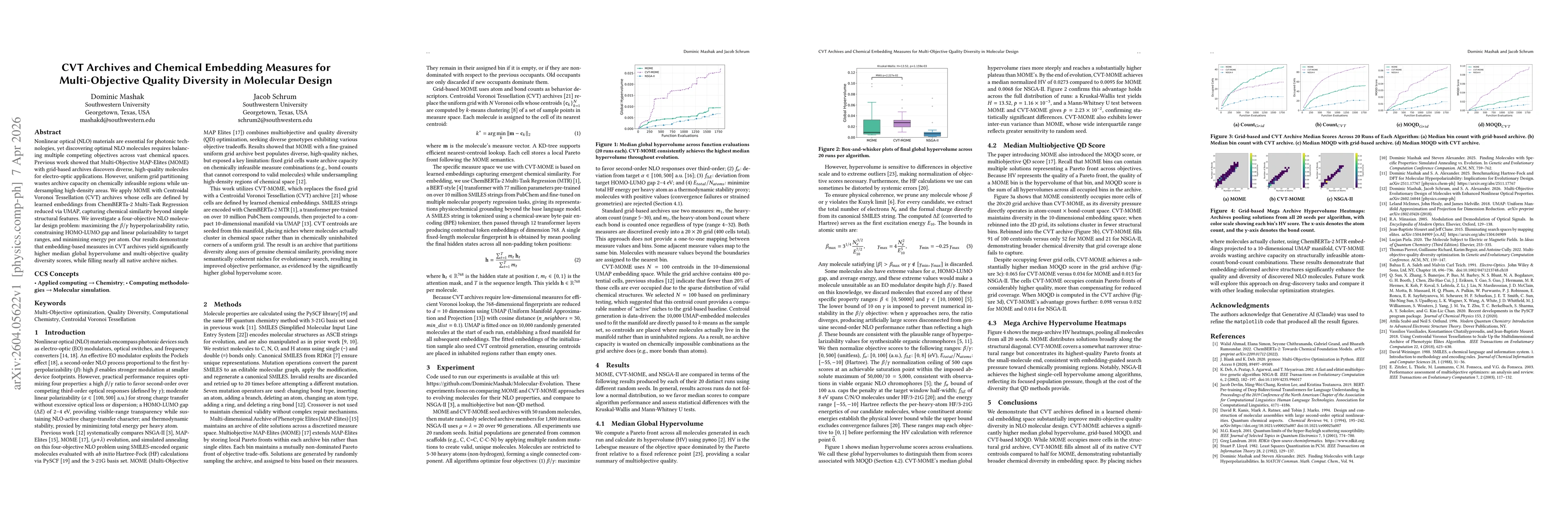 Thumbnail for CVT Archives and Chemical Embedding Measures for Multi-Objective Quality Diversity in Molecular Design