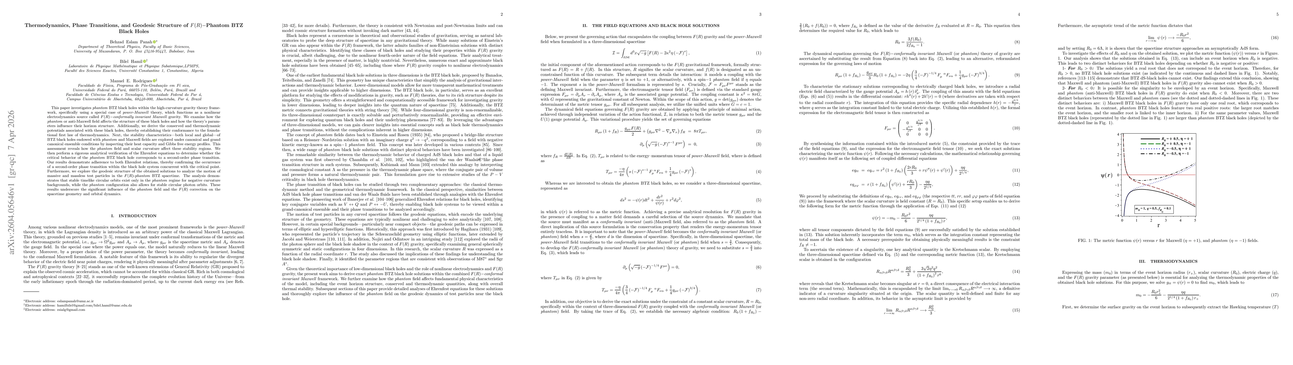 Thumbnail for Thermodynamics, Phase Transitions, and Geodesic Structure of $F(R)-$Phantom BTZ Black Holes
