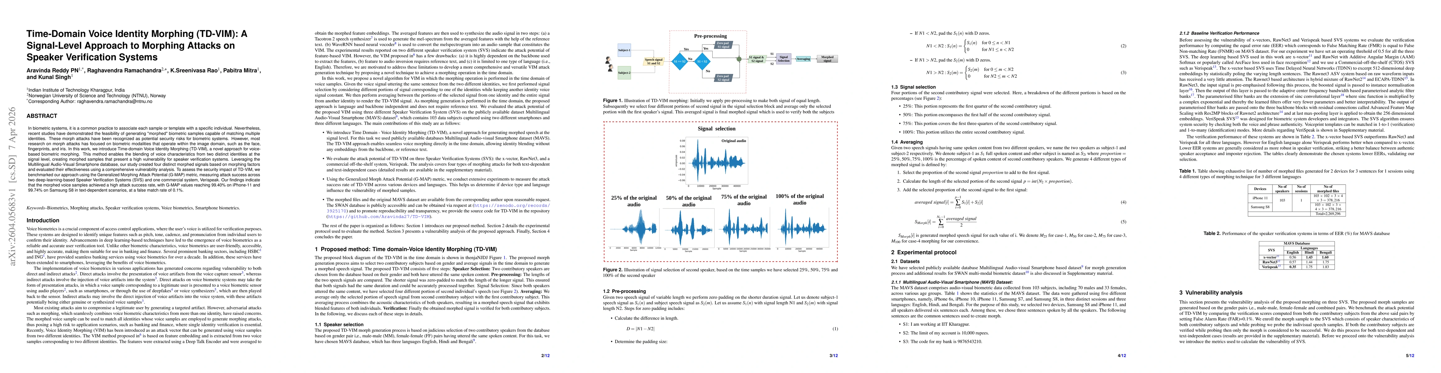 Thumbnail for Time-Domain Voice Identity Morphing (TD-VIM): A Signal-Level Approach to Morphing Attacks on Speaker Verification Systems