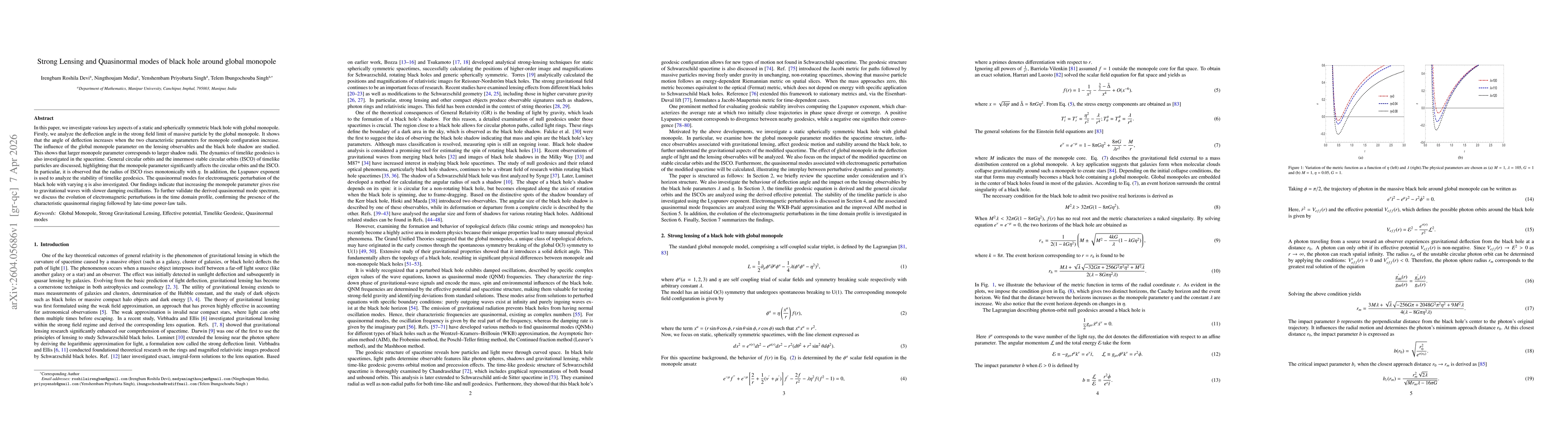 Thumbnail for Strong Lensing and Quasinormal modes of black hole around global monopole