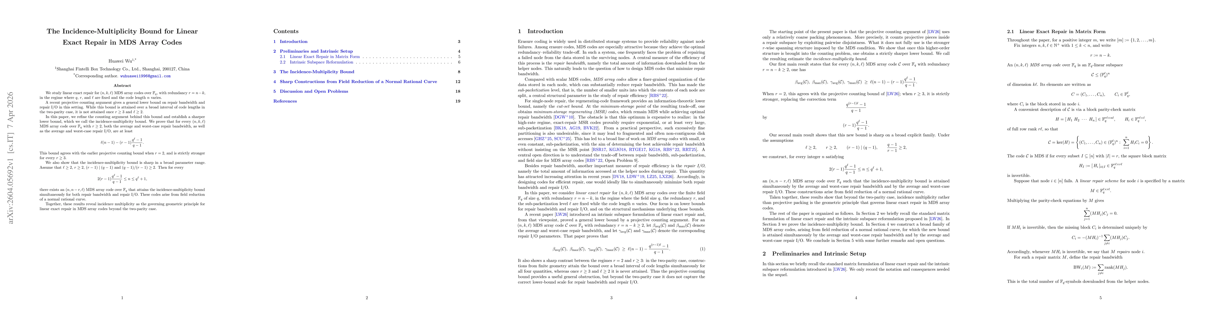 Thumbnail for The Incidence-Multiplicity Bound for Linear Exact Repair in MDS Array Codes