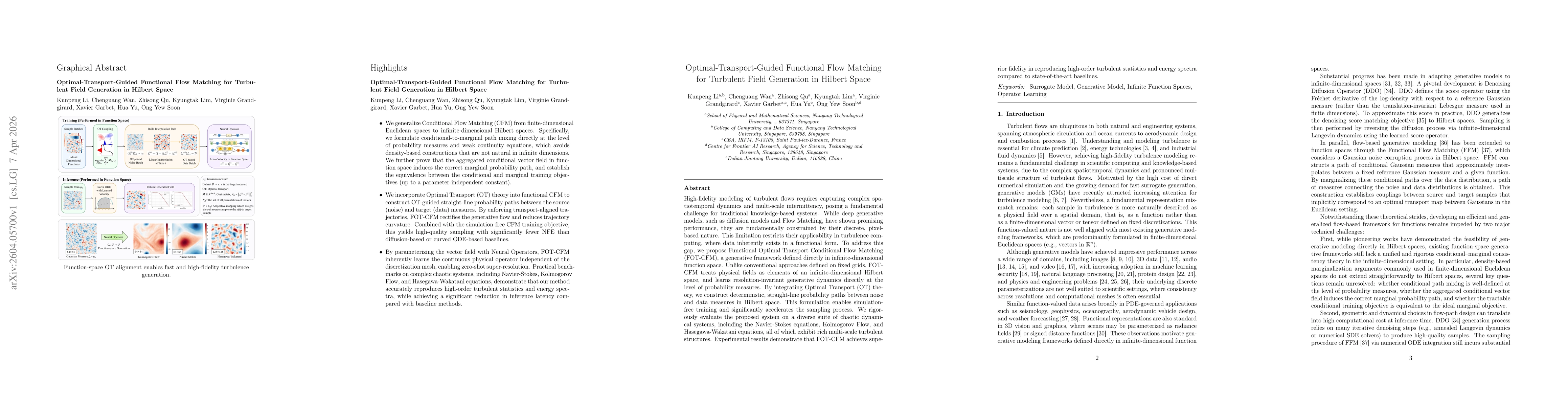 Thumbnail for Optimal-Transport-Guided Functional Flow Matching for Turbulent Field Generation in Hilbert Space