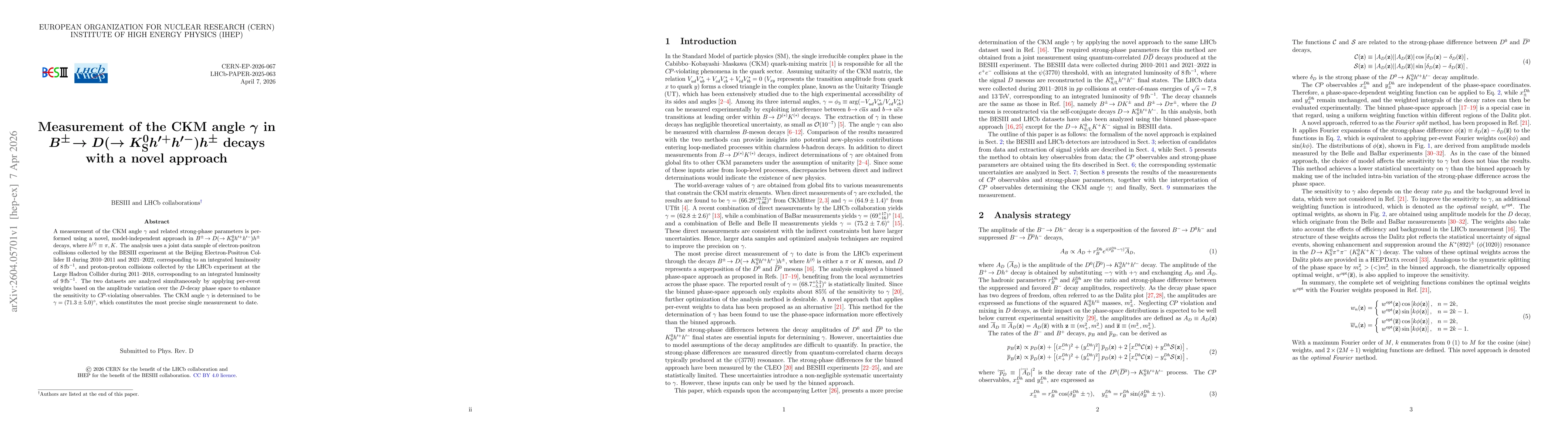 Thumbnail for Measurement of the CKM angle $γ$ in $B^{\pm} \rightarrow D(\rightarrow K^{0}_{\rm S} h^{\prime+}h^{\prime-})h^{\pm}$ decays with a novel approach