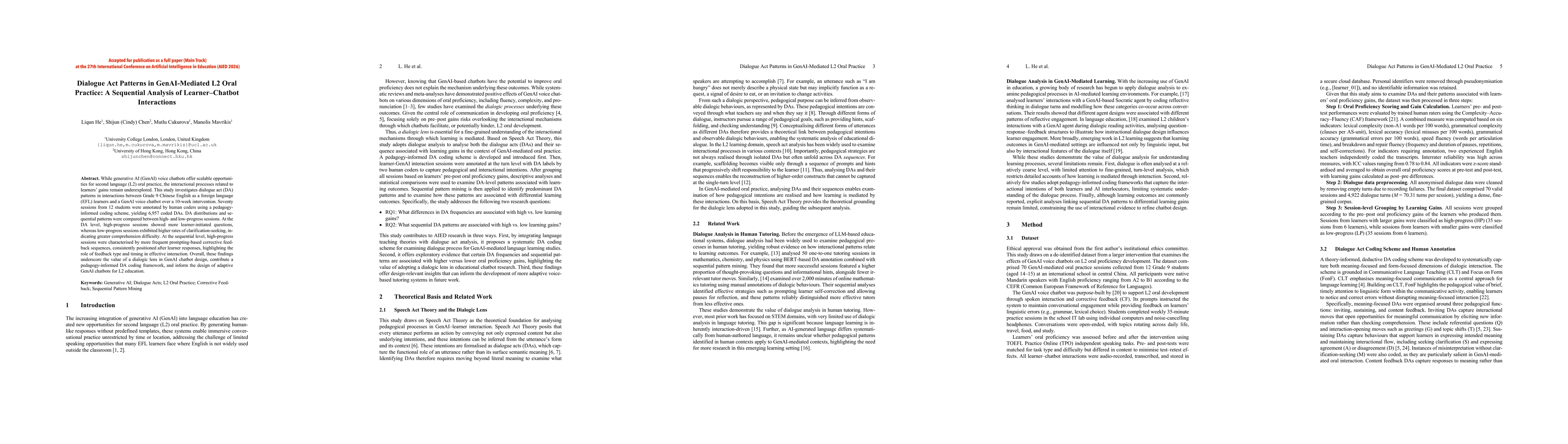 Thumbnail for Dialogue Act Patterns in GenAI-Mediated L2 Oral Practice: A Sequential Analysis of Learner-Chatbot Interactions