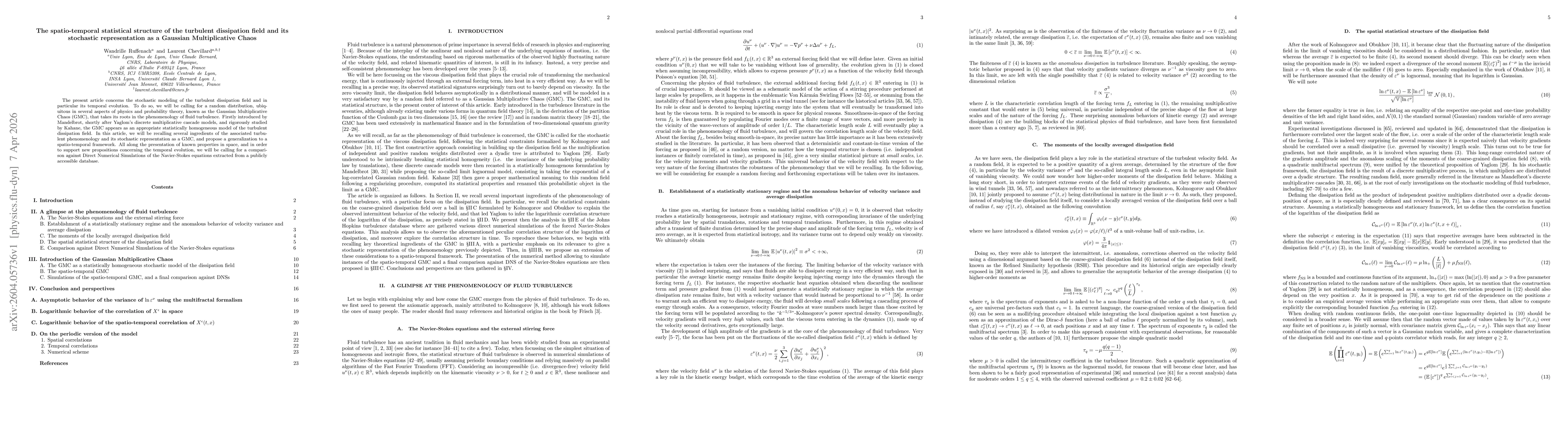 Thumbnail for The spatio-temporal statistical structure of the turbulent dissipation field and its stochastic representation as a Gaussian Multiplicative Chaos