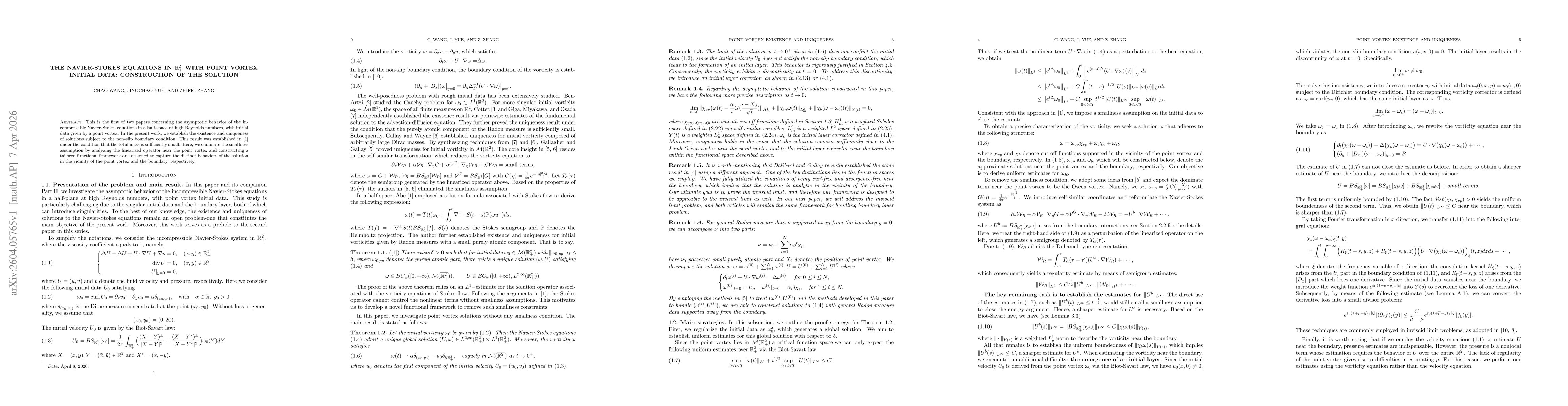 Thumbnail for The Navier-Stokes equations in $\mathbb R^2_+$ with point vortex initial data: construction of the solution