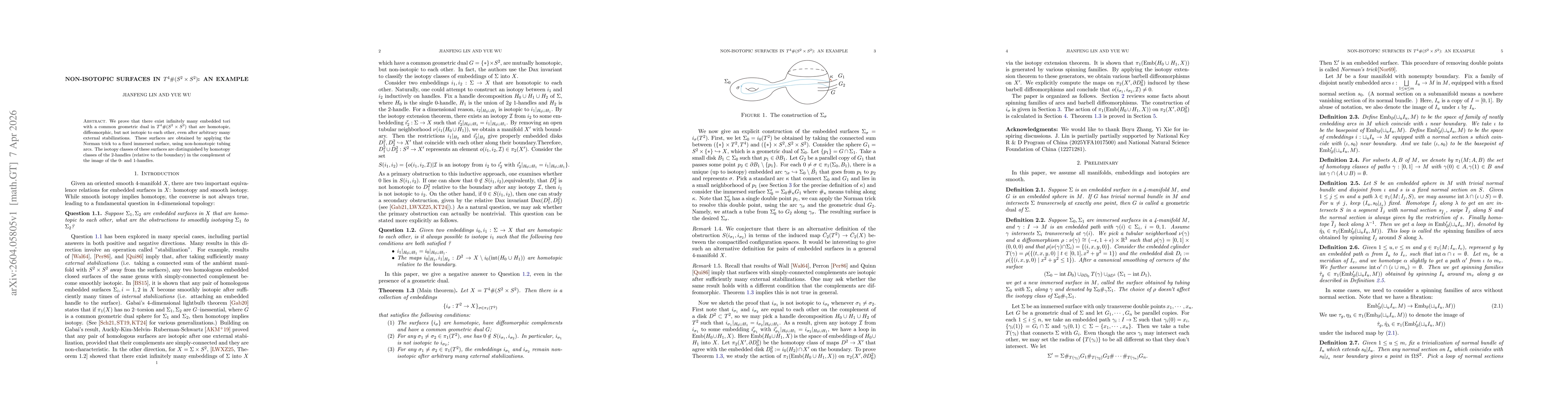 Thumbnail for Non-isotopic surfaces in $T^4\#(S^2\times S^2)$: an example