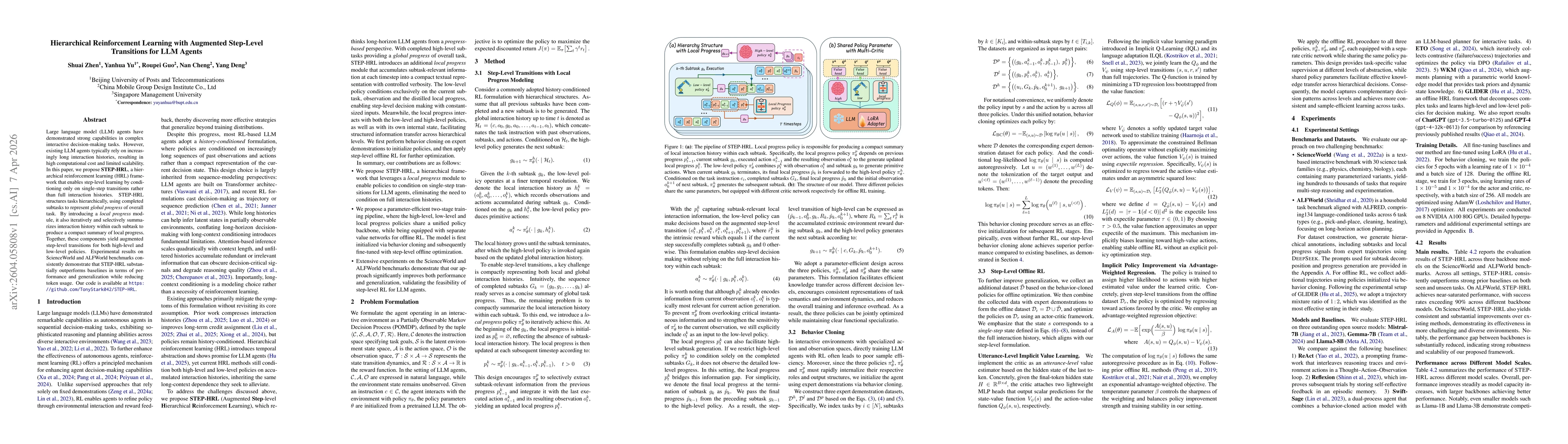 Thumbnail for Hierarchical Reinforcement Learning with Augmented Step-Level Transitions for LLM Agents