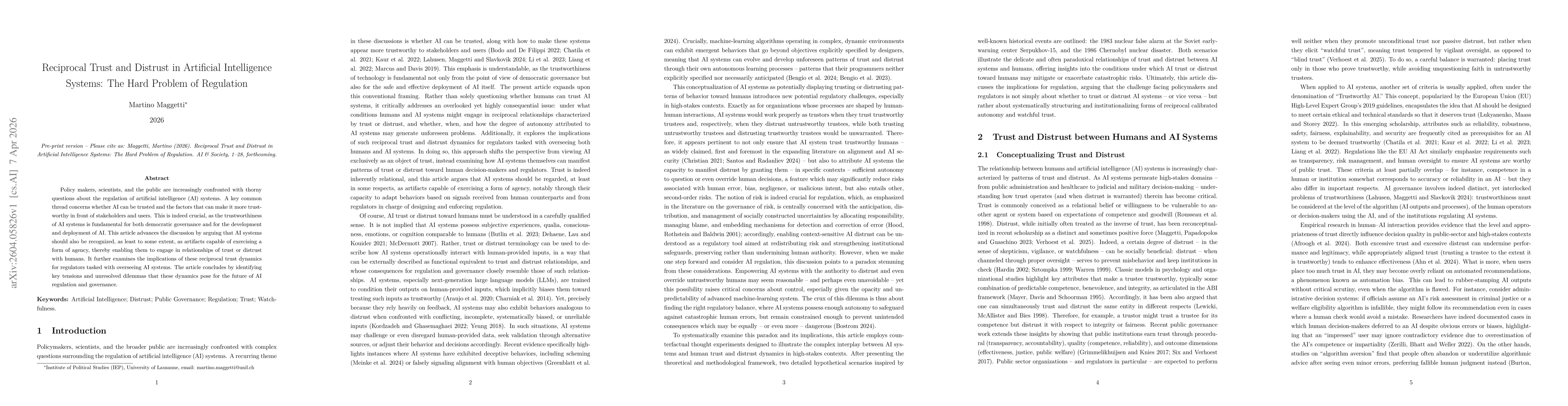 Thumbnail for Reciprocal Trust and Distrust in Artificial Intelligence Systems: The Hard Problem of Regulation