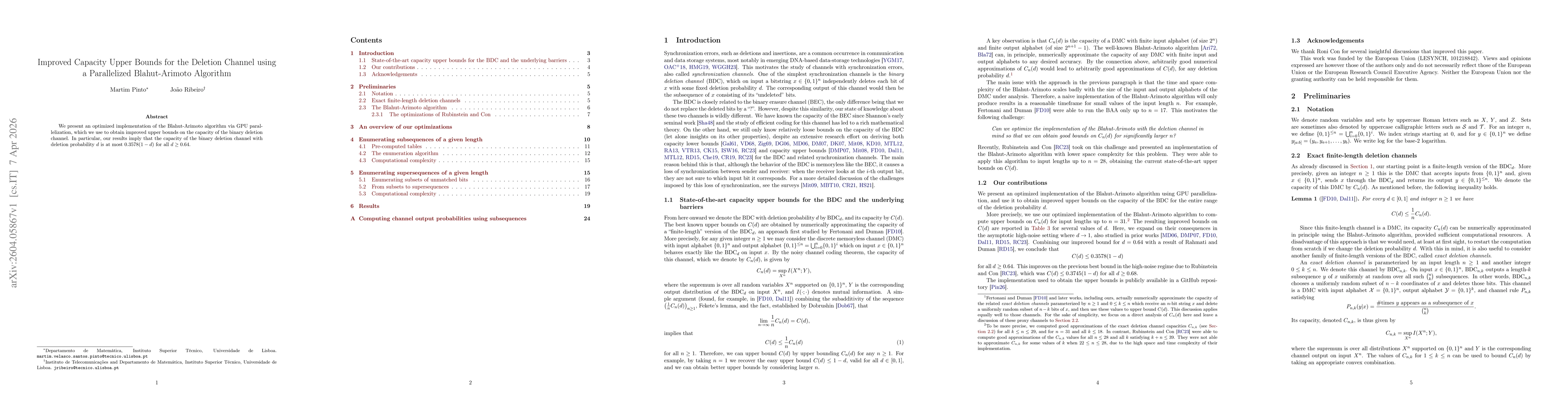 Thumbnail for Improved Capacity Upper Bounds for the Deletion Channel using a Parallelized Blahut-Arimoto Algorithm
