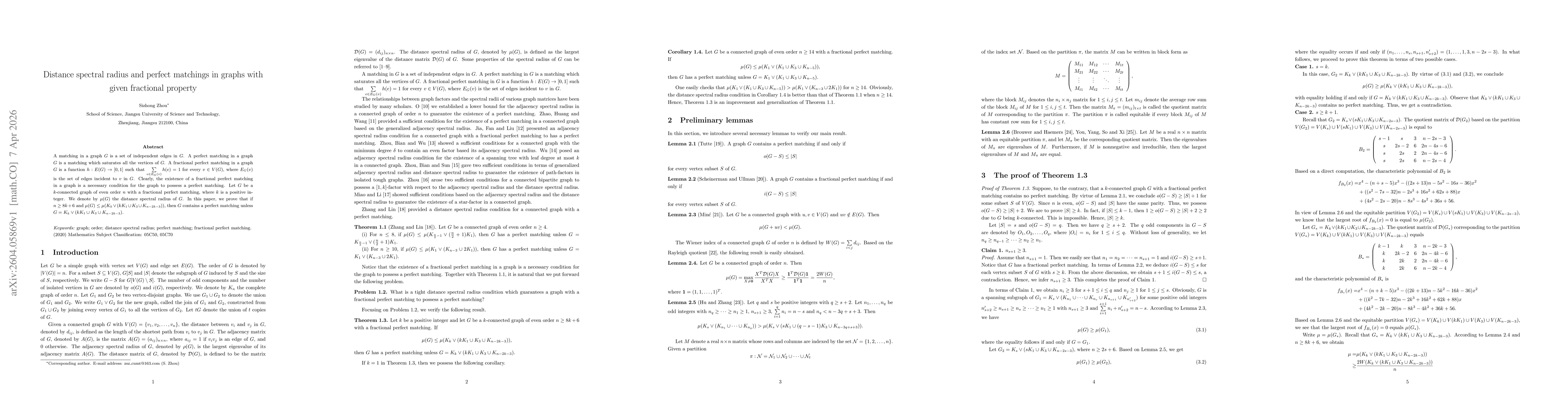 Thumbnail for Distance spectral radius and perfect matchings in graphs with given fractional property
