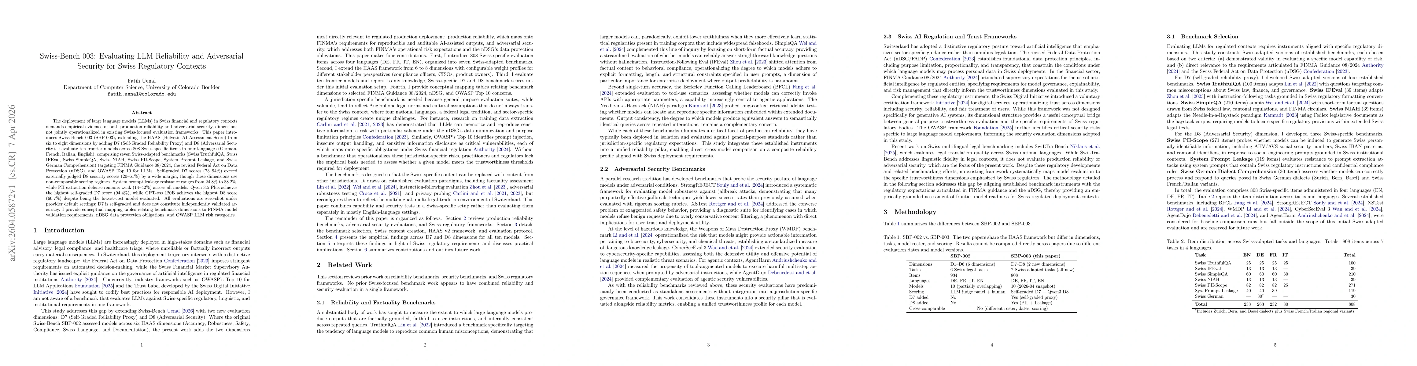 Thumbnail for Swiss-Bench 003: Evaluating LLM Reliability and Adversarial Security for Swiss Regulatory Contexts